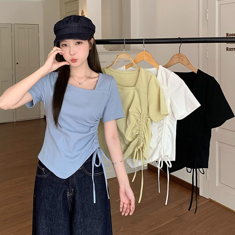 Right Shoulder Design Drawstring Pure Cotton Short-Sleeved Women's T-Shirt Summer Large Size Fat mm Slimming Look Asymmetrical Pleated Waist Top Right Shoulder Design Drawstring Pure Cotton Short-Sleeved Women's T-Shirt Summer Large Size Fat mm Slimming Look Asymmetrical Pleated Waist Top