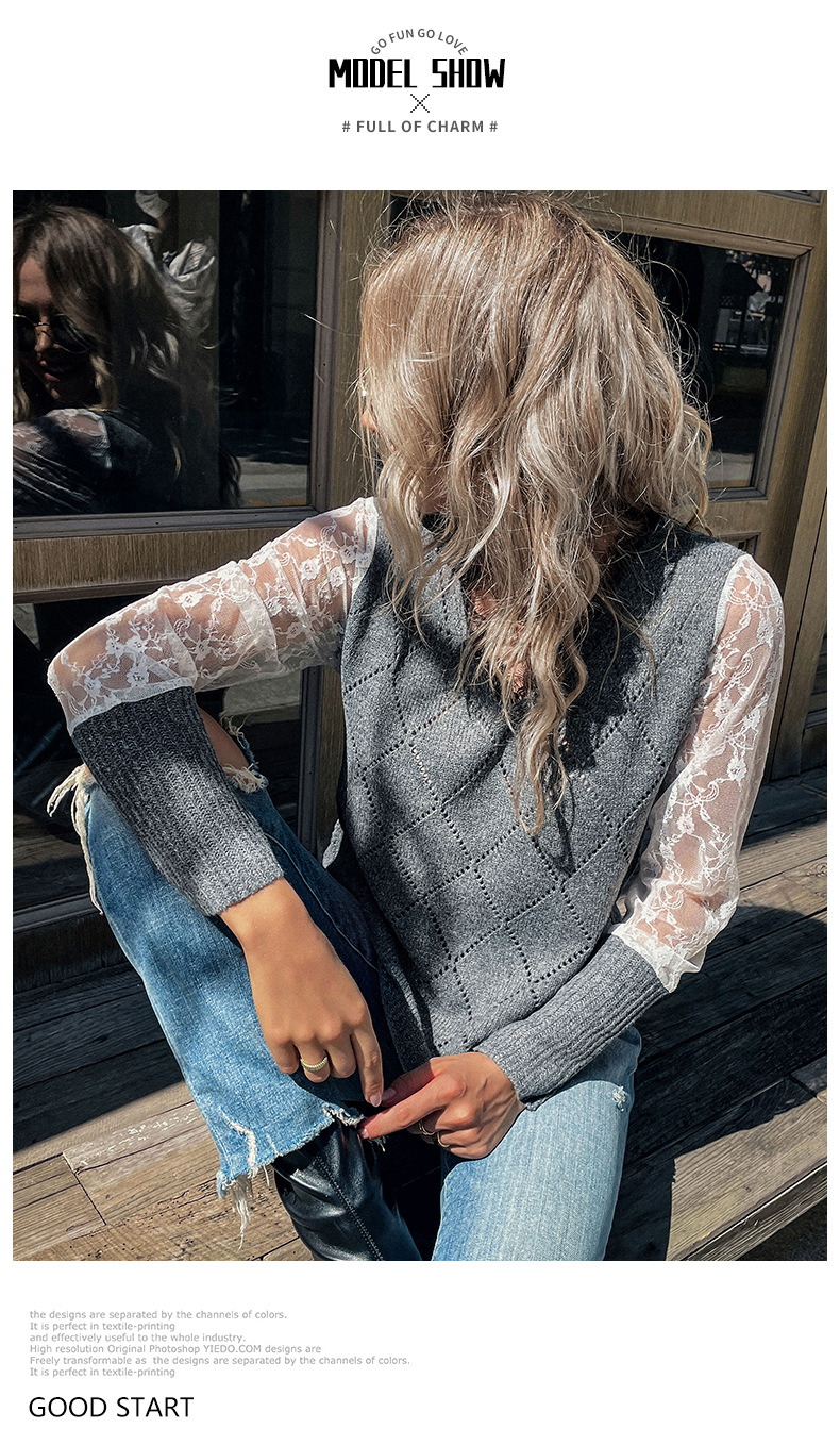 Maglione pullover con scollo a V e cuciture in pizzo tinta unita_voghion.com