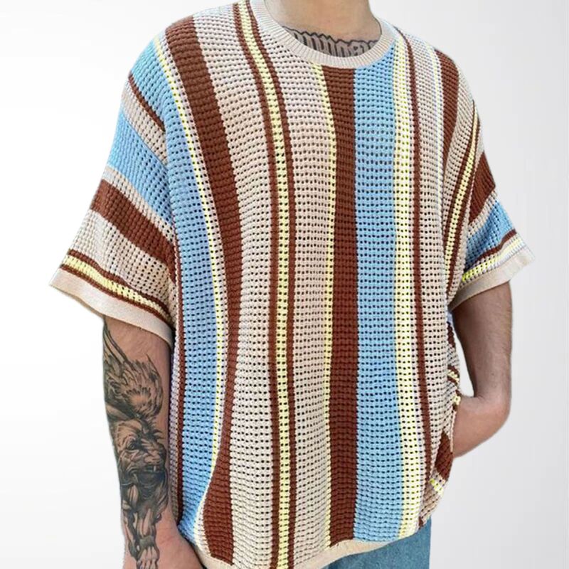 Men's Knitted T-Shirt Casual Loose Striped Hollow Mesh Pullover Knitwear Cross-Border Ready Stock Men's Clothing Sy0211