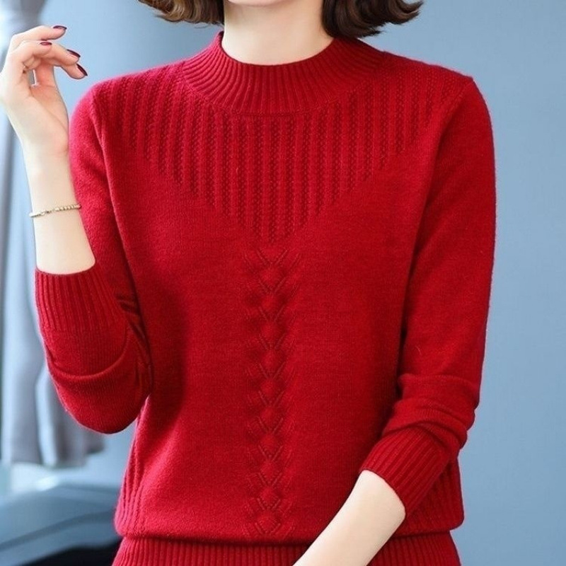 202 Women's New Autumn and Winter Loose Western-style Thickened Middle-aged Mother's Knitted Base Shirt Half-high Collar All-match Women