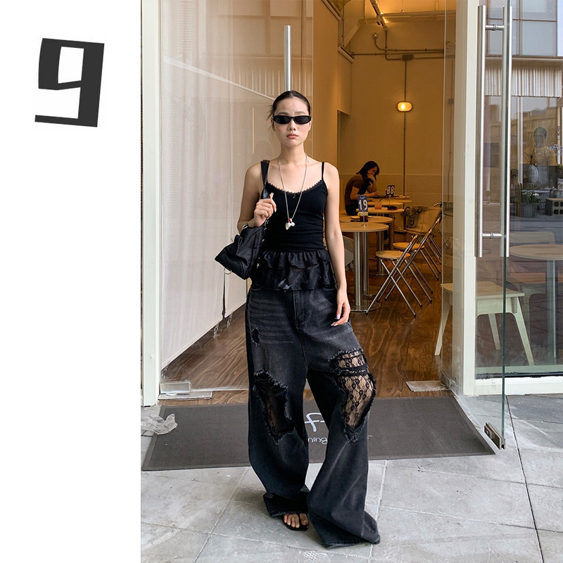 [9hour] American high street lace ripped jeans female 2025 spring retro wide leg pants female hc1227