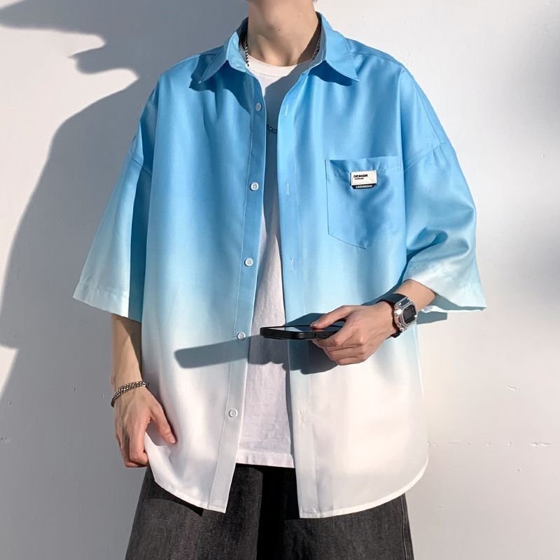Ice Silk Gradient Short-Sleeved Shirt Men's Summer New Trendy American Work Shirt Design Niche Couple Jacket