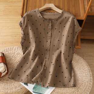 Retro Color Polka Dot Linen New Summer Shirt Feminine Fungus Collar Shirt Summer Short-Sleeved Top