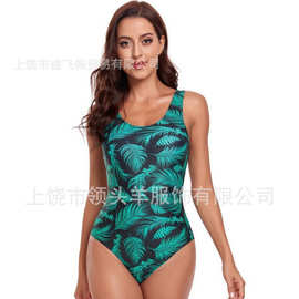 跨境泳装外贸欧美风热带植物印花泳衣 黑底绿棕榈叶 U 领连体泳衣