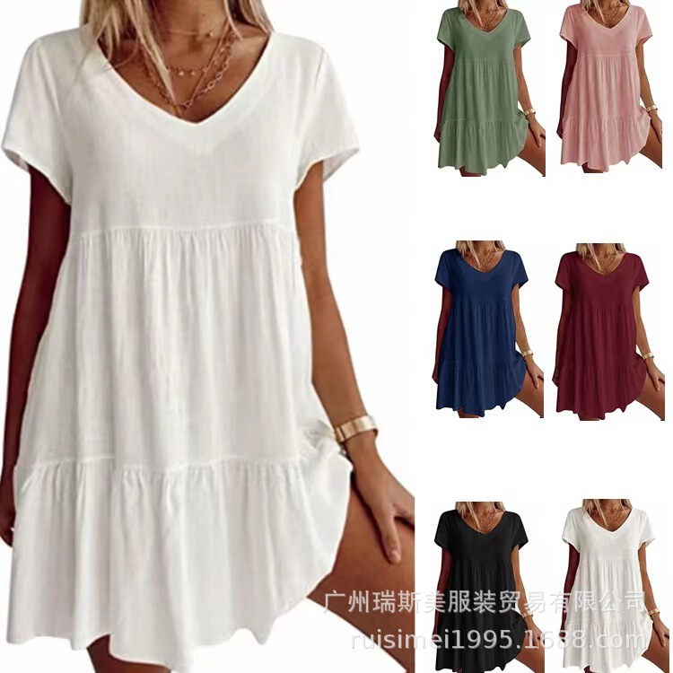 In Stock 2024 Cross-Border European and American Clothing Amazon Hot Summer Loose Casual Short-Sleeved Waistband Elegant Dress