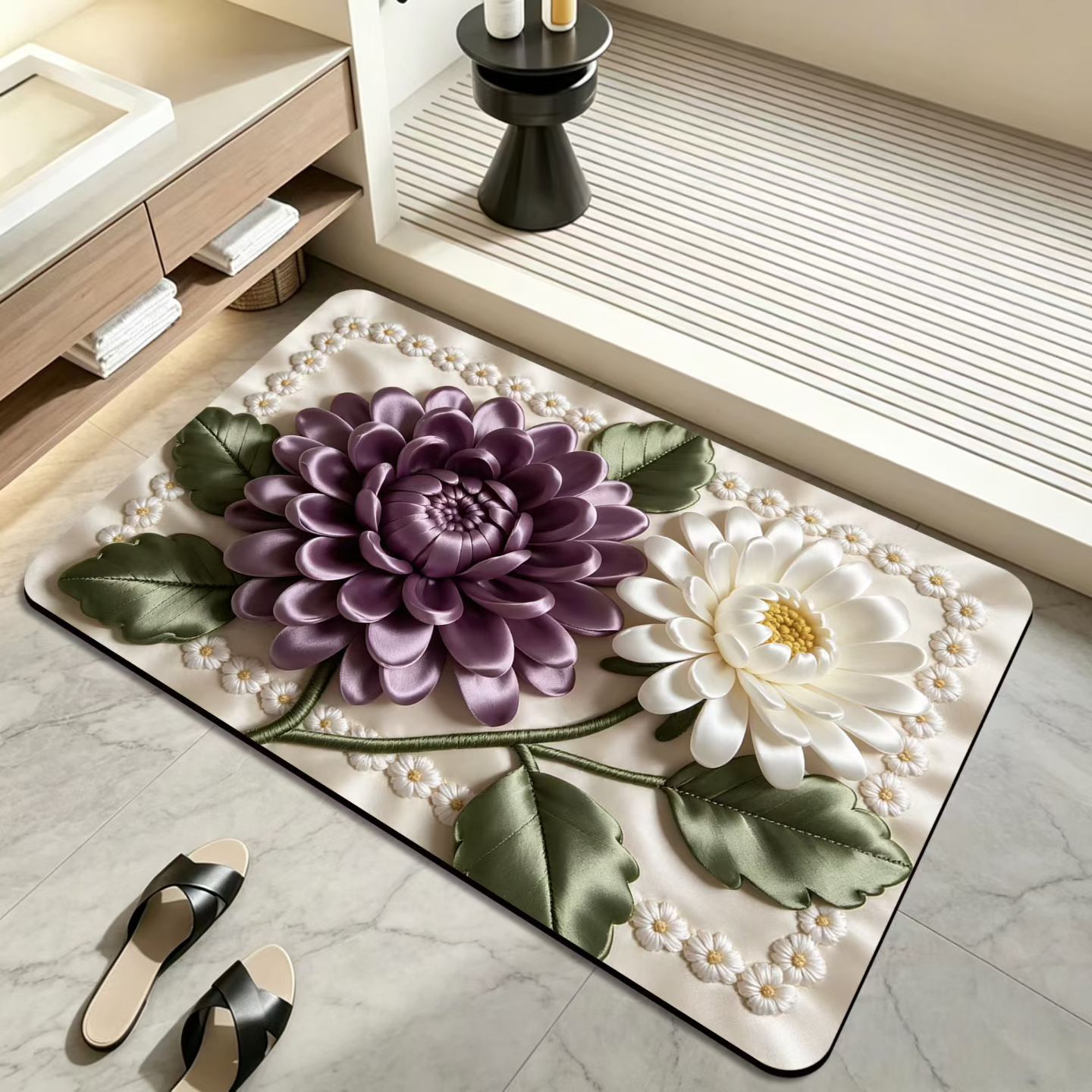 3D estereoscópico flor alfombra de baño absorción de agua antideslizante cojín de barro de diatomeas puerta de baño secado rápido cojín de pies resistente al desgaste