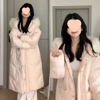 大毛领中长款棉服女2025年新款冬季宽松保暖外套韩系甜美棉衣棉袄