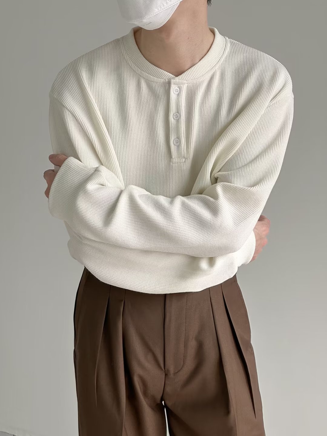 Herrenbekleidung Langarm-T-Shirt, Waffelstrick-Henley-Langarm-T-Shirt für Herren - Strukturierter, lässiger Arbeitspullover mit Knopfleiste_voghion.com