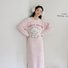软绵绵睡裙女冬毛线针织减龄甜美睡衣围巾小狗彩点卡通长裙家居服