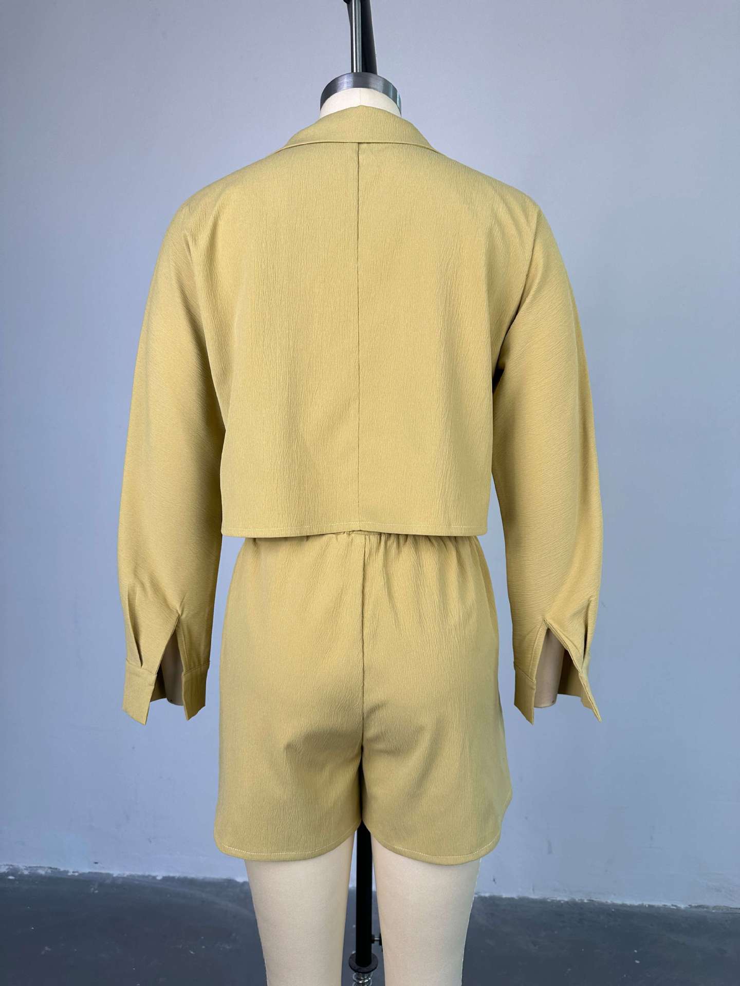 Women Clothing Summer Sweet Fresh Suit Collar Long Sleeve Shirt High Waist Drawstring Shorts Casual Suit