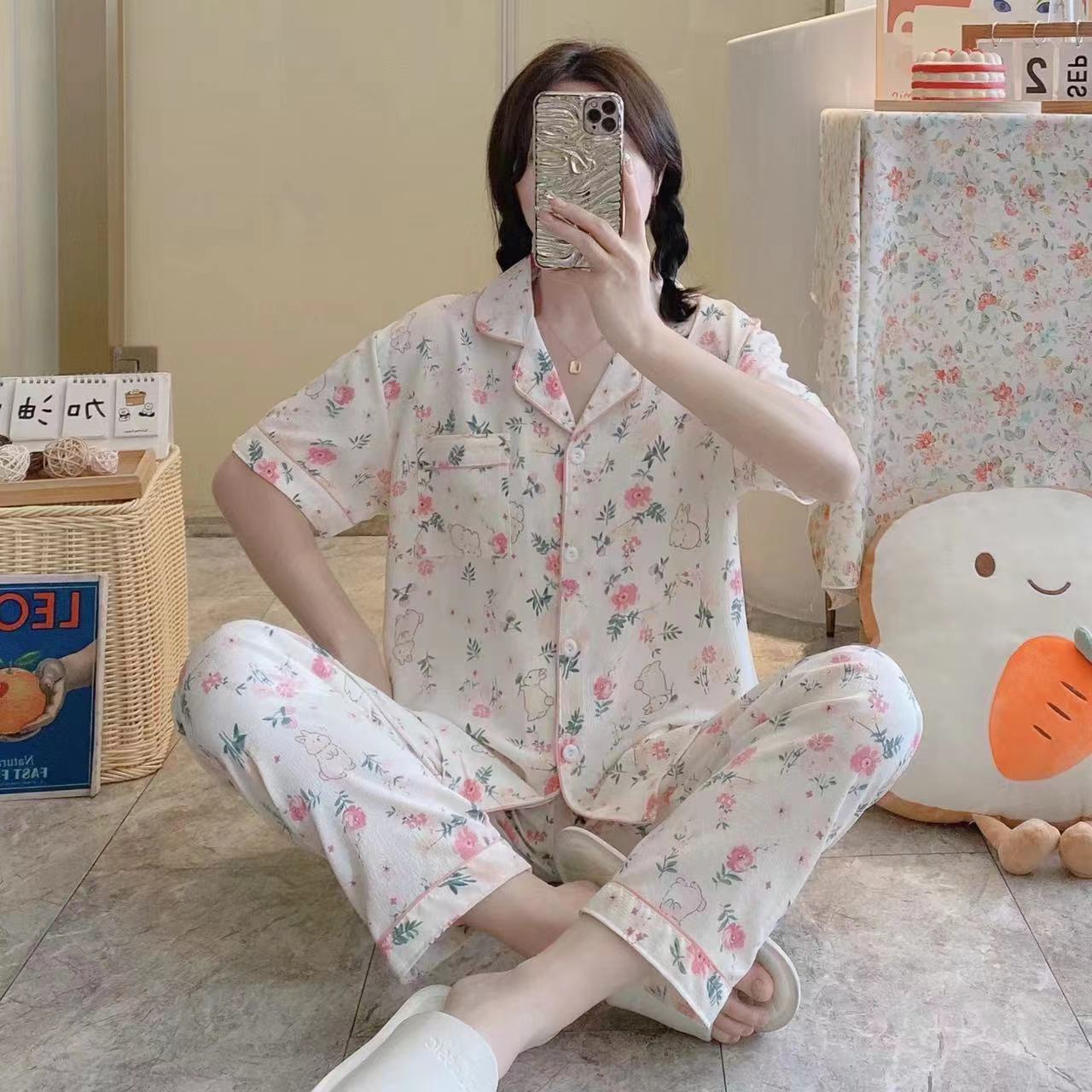 Pajamas de espuma tejidos de verano de algodón pantalones largos de mangas cortas ropa para el hogar de verano delgada de algodón conjunto de dos piezas