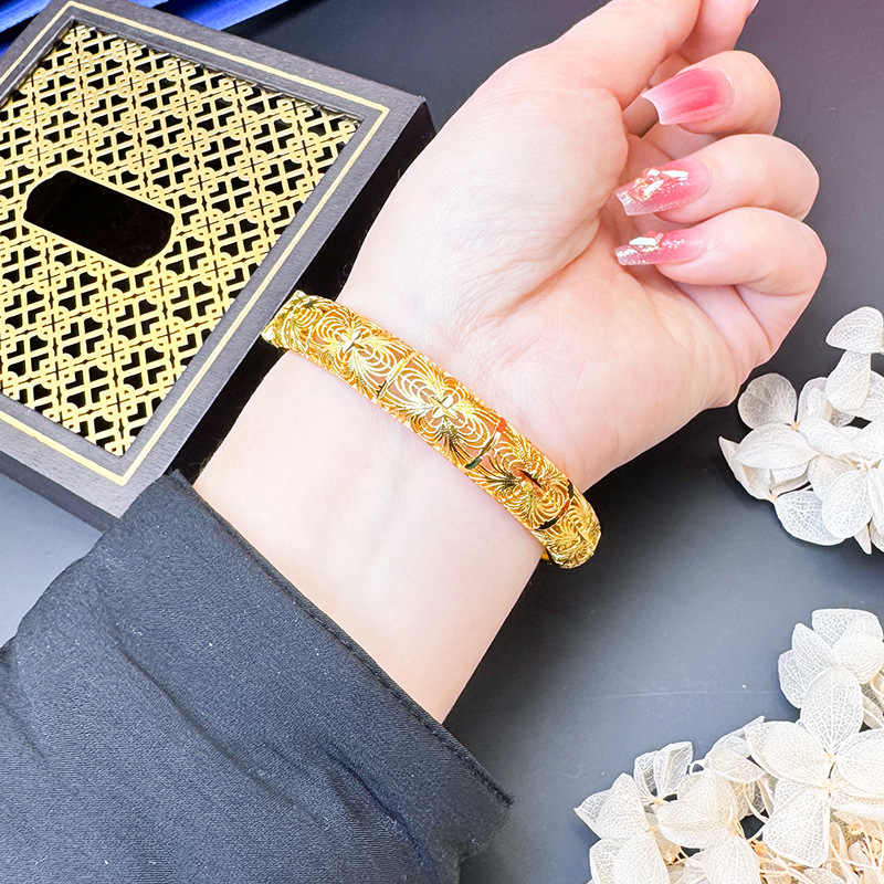 Oro seda tallada hebilla pulsera antigua herencia pulsera cobre aleación todo partido estilo chino joyería suministro al por mayor