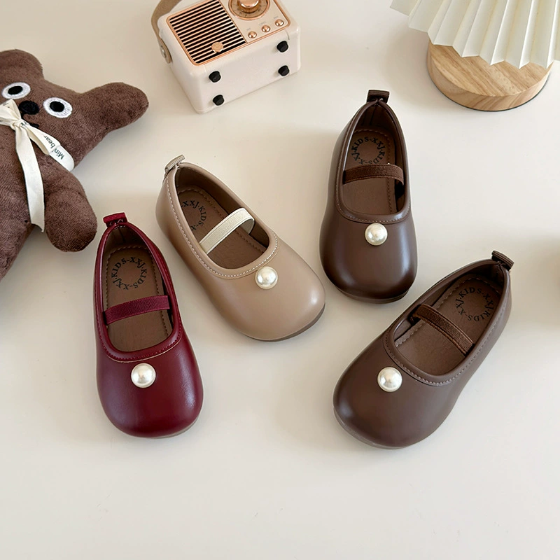 Корейские кожаные ботинки для девочек из жемчуга Весенние и осенние детские одиночные туфли