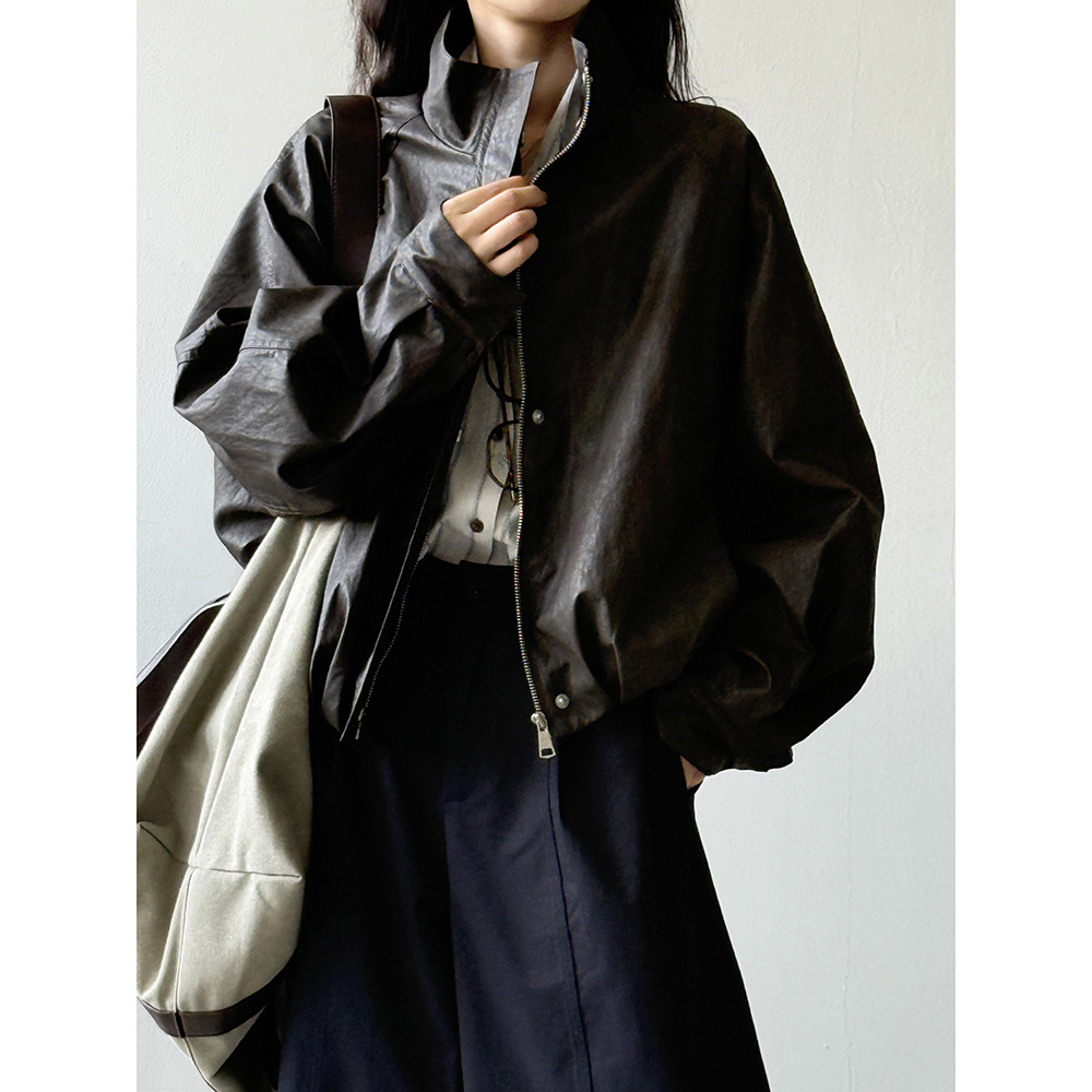 言双  美式复古PU皮夹克皮衣女 秋季高级感休闲百搭酷飒外套79786