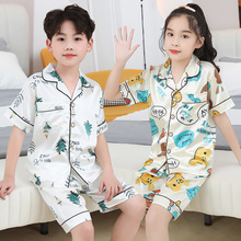 夏季新款儿童仿冰丝翻领睡衣男女童薄款睡衣中大童家居服童装批发