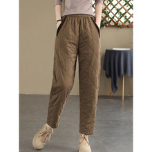 清仓外贸尾单加棉加厚外穿哈伦棉裤女冬季高腰夹棉菱格小脚萝卜裤