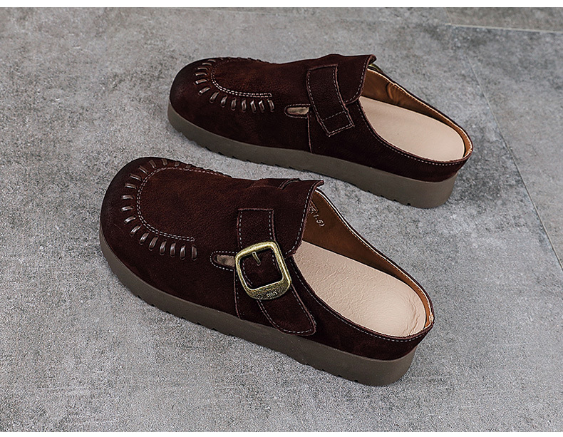Dép sandal nữ bít mũi đế bệt da thật mềm mại form tròn — màu kaki chi tiết 11