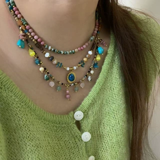 法式浪漫 小众设计师 天然石彩色串珠流苏项链