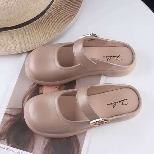 Baotou half-slippers women's outdoor British-style shoes, indoor non-slip thick-soled retro Mary Jane sandals with soft soles