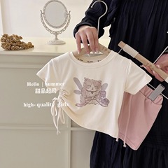 Sweet and Cool Cat Style Cat T-shirt Set Design-Savvy Minority Drawstring Two-Piece Summer Outfit for Girls