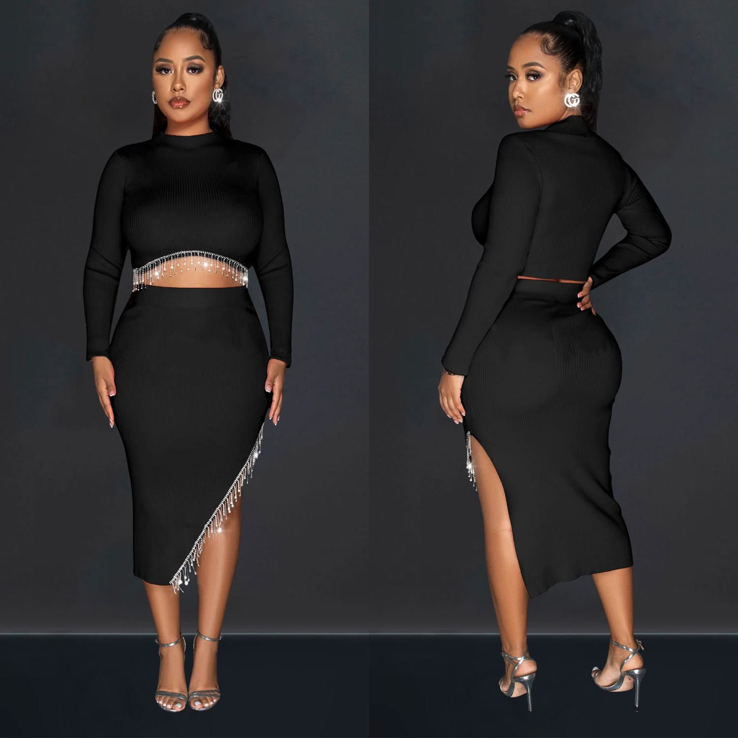 C6829 transfronteriza AliExpress Amazon ropa de mujer de moda europea y americana color sólido manga larga ombligo vestido conjunto de dos piezas para mujeres