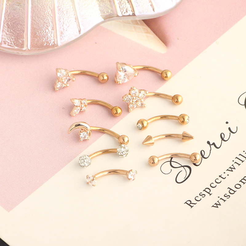 Stainless Steel Heart Shape Eyebrow Piercing Jewelry - Invisible Lip Nail with Black Zircon - 18K Gold Plated detail image 8