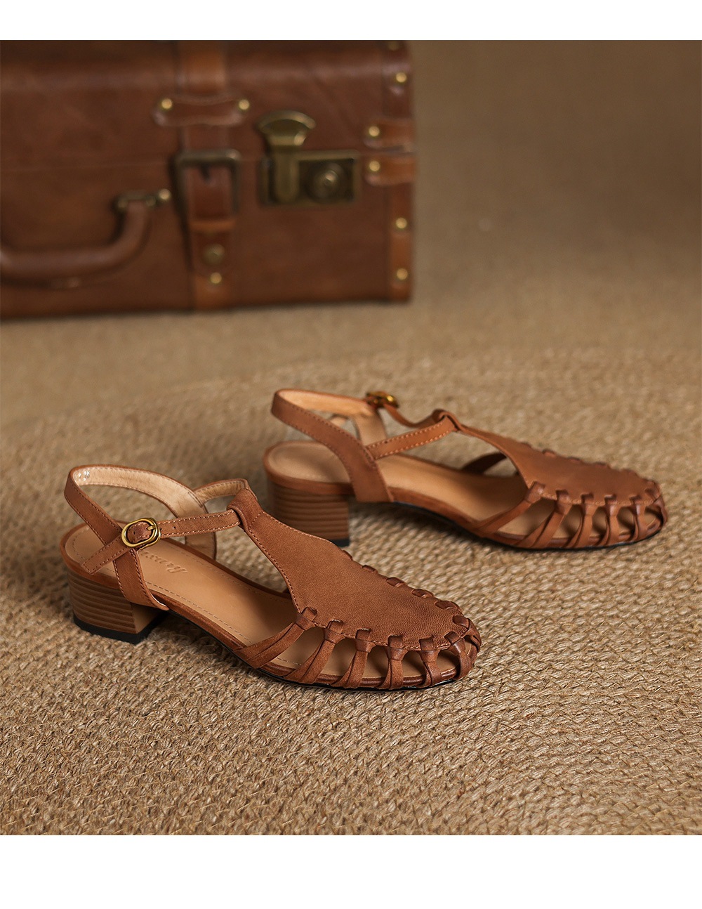Sandal nữ da cừu mũi nhọn gót vuông quai ngang kiểu La Mã đan rỗng — màu nâu chi tiết 18