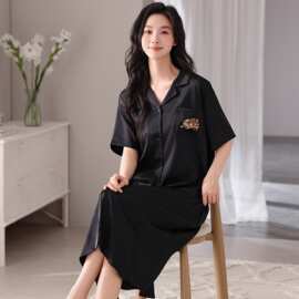 【带胸垫】夏季新款冰雪丝女短袖开衫翻领睡衣时尚休闲女家居服