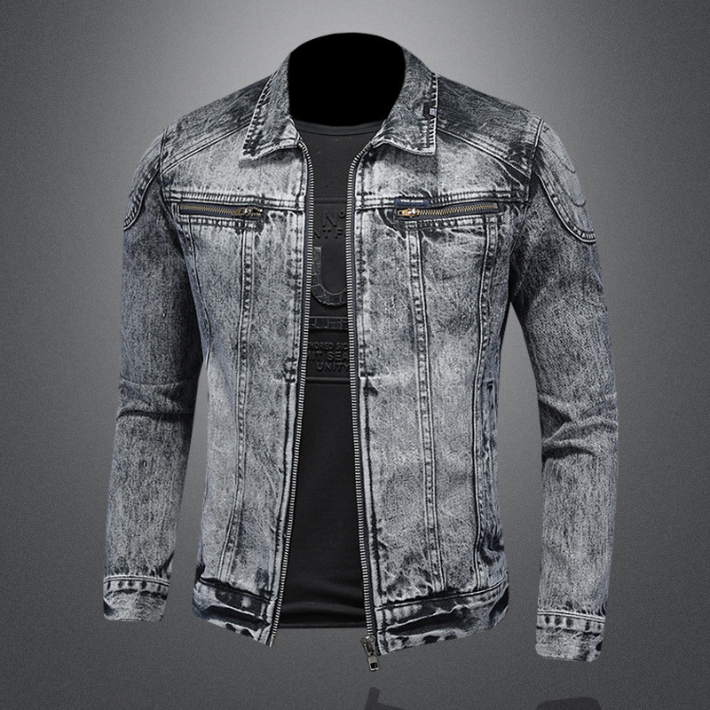 Cross-border Foreign Trade H230631 European and American Style Denim Locomotive Snowflake Age Sense Zipper Lapel Denim Jacket for Men
