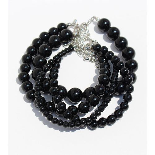 Korean Fever Same Item Bead Necklace, Minority High-Grade Black Agate Choker Necklace, Cold Silver Color Bracelet Set 796