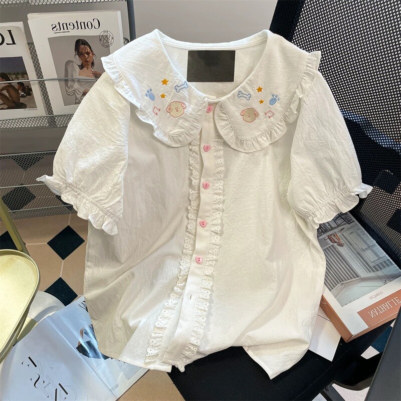 French-style sweet embroidered doll collar shirt for women, 2026 summer new niche ruffle trim short-sleeve top French-style sweet embroidered doll collar shirt for women, 2026 summer new niche ruffle trim short-sleeve top