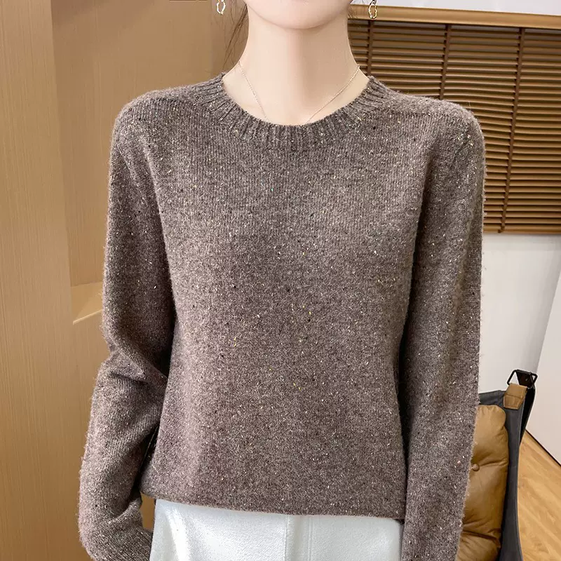 加厚圆领点子纱纯羊毛衫女秋冬新款一线成衣套头毛衣简约宽松打底