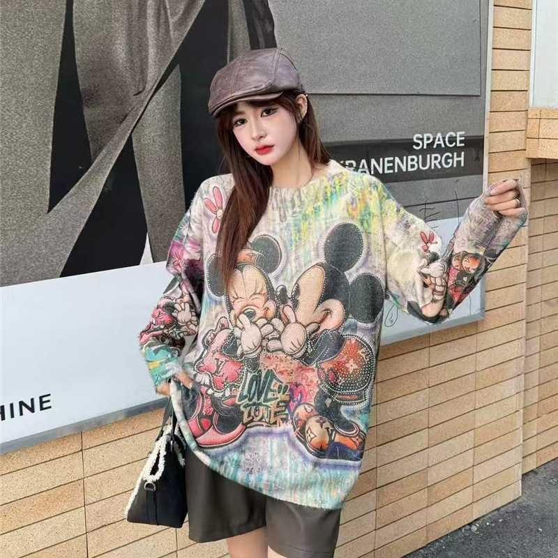 Autumn Long-Sleeved Knitwear Loose Round Neck Pullover Retro Printed Plus Size Knitwear Women's Heavy-Duty Hot Diamond Top