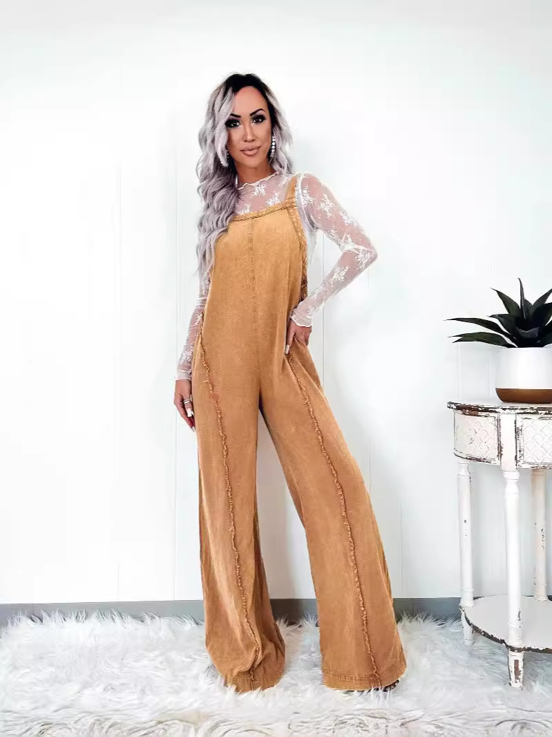 2024 primavera nuevo estilo overoles sueltos mujer europeo y americano retro lavado de pierna ancha mono 16859