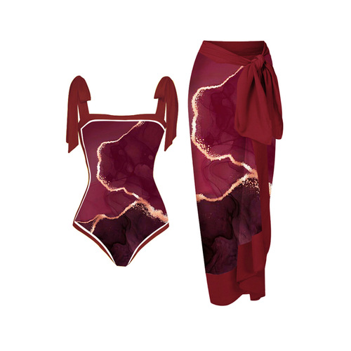 Conservative, high-waisted, wrap-style two-piece swimsuit with European and American print