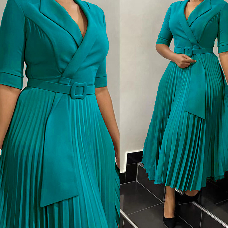 Women's Blazer Collar Pleated Waist Skirt Set For Autumn Winter_voghion.com