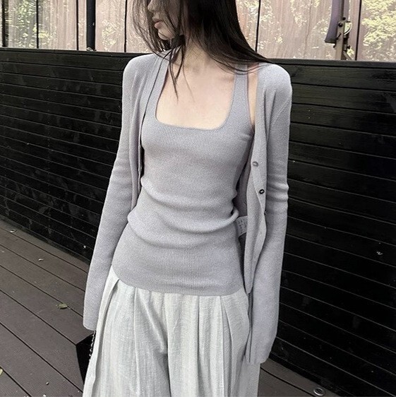 5Werkwe Knitted Cardigan Jacket Women's Autum Long-Sleeved Thin Halter Vest Purple Design Two-Piece Suit