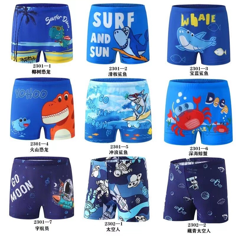 Factory direct supply children's swimming trunks boys swimming suits cartoon boys boxer shorts children's swimming suits swimming cap set