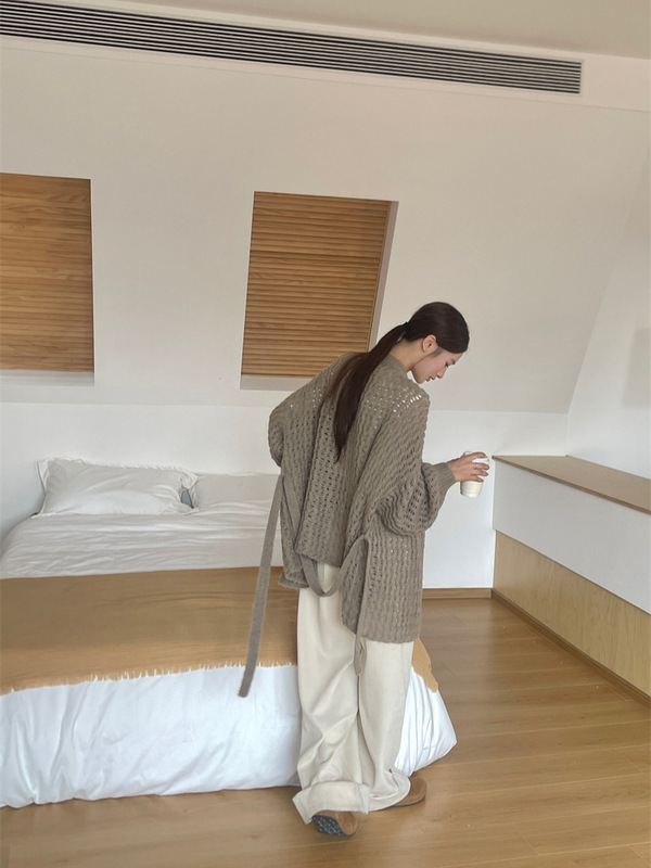 【实拍】法式复古镂空针织外套简约气质羊毛慵懒宽松腰带毛衣开衫|undefined