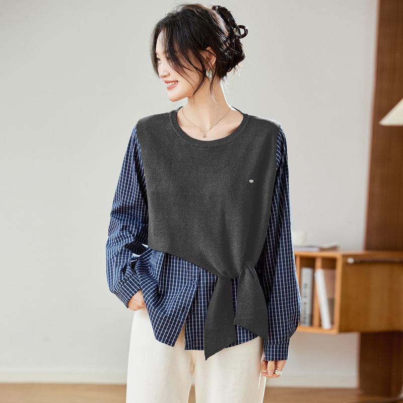 棉茧 假两件格子衬衫女2025秋冬装新款设计感针织披肩上衣衬衣|undefined