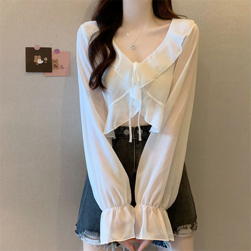 Lace tie sweet spicy design breathable sundress style open jacket women apricot color thin cover-up versatile small top