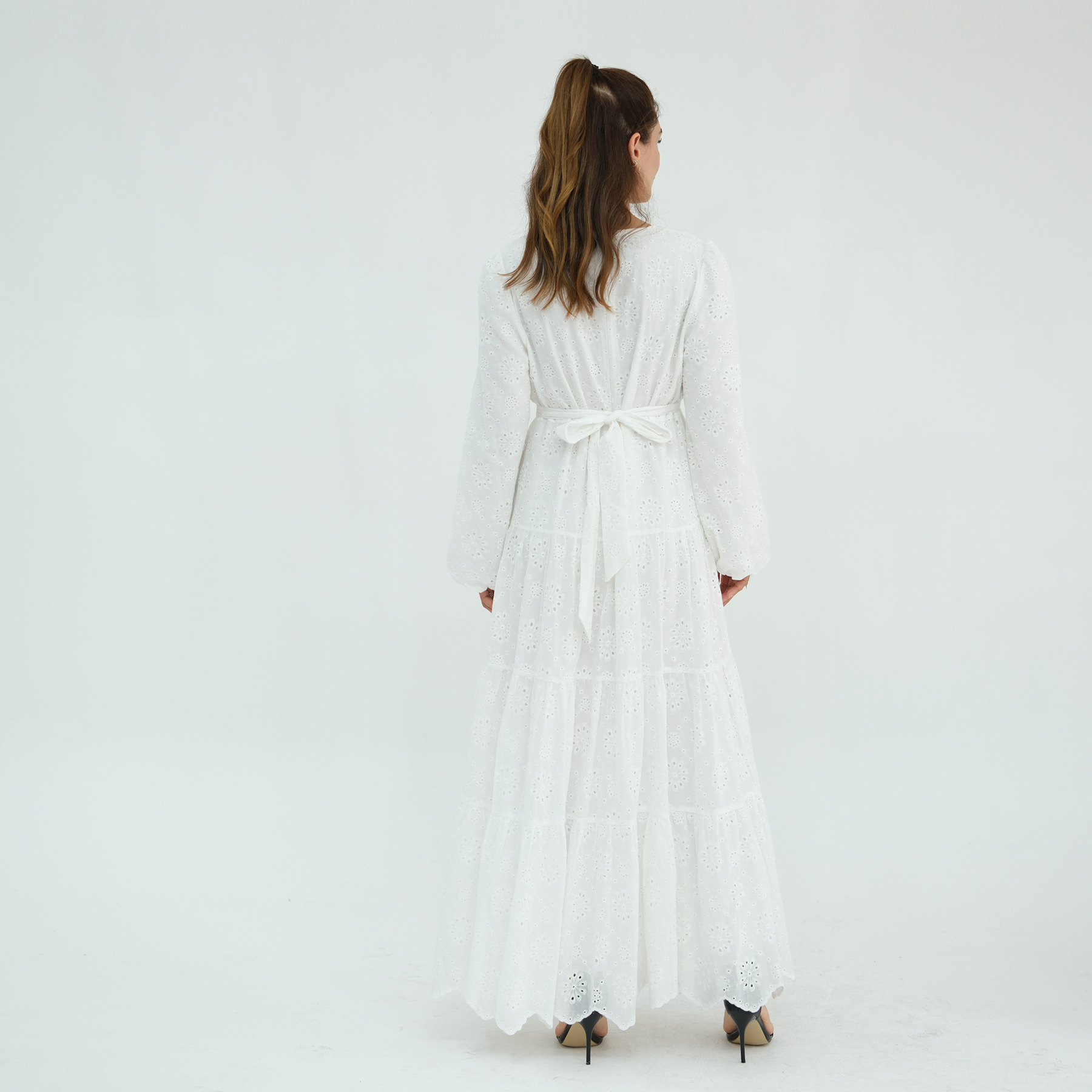 Voya Women's Eyelet Embroidered Maxi Dress-Long Sleeve Tiered Beach Dress With Scallop Hem-Boho Casual Summer Dress, For Holiday, Wedding Guest & Daily_ecoleips.com