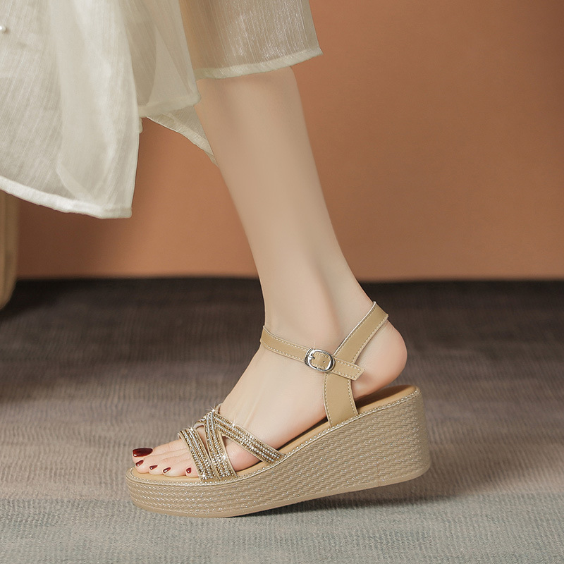 Sandal cao gót nữ đính đá phong cách cổ tích, gót xuồng 6.5 cm — M596 màu sâm panh