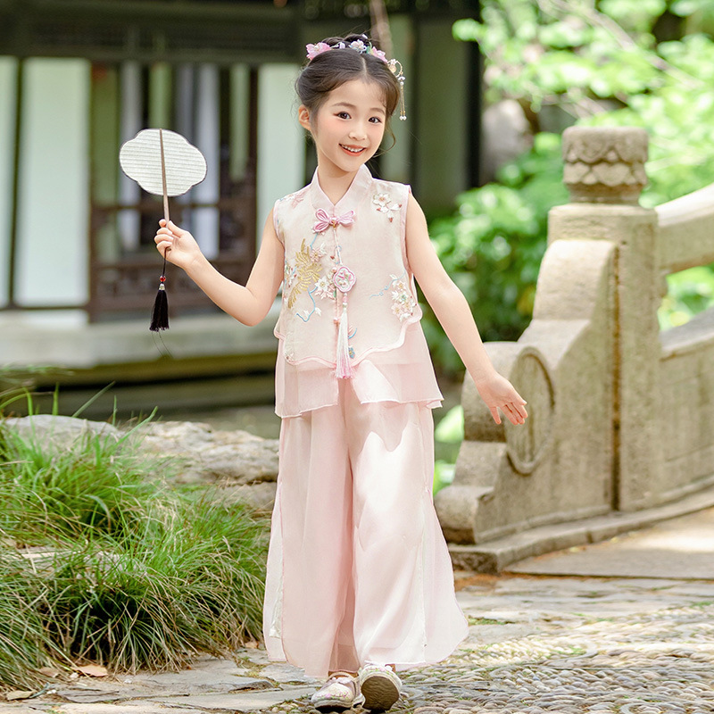 汉服女童国风套装2025夏季新款洋气女孩新中式夏日清凉无袖两件套