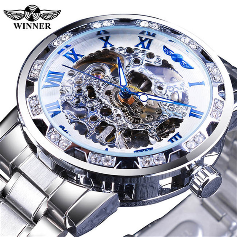 GANADOR 614 hombres correa de acero reloj mecánico hueco transparente inferior rhinestone moda manual reloj mecánico