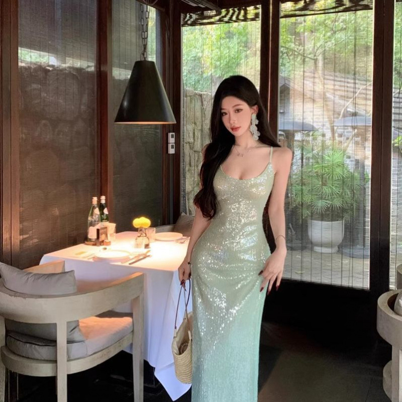 Light Luxury and High-End Green Sequin Dress Long Skirt Birthday Party Royal Sister Elegant Sexy Backless Suspender Dress