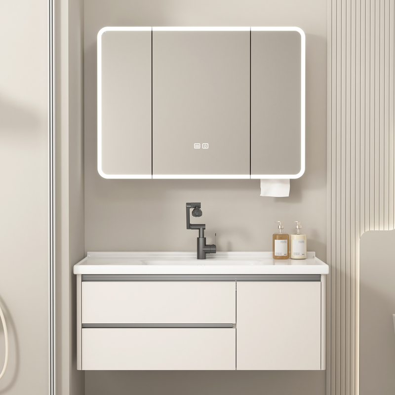 Honeycomb Aluminum Bathroom Cabinet Set with Integrated Ceramic Washbasin, Bathroom Vanity Countertop Basin Cabinet with Drawer Style