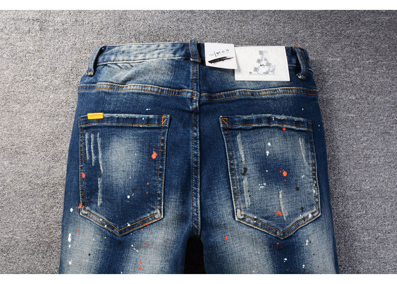 Men's Retro Blue Washed Jeans | Splatter Paint & Ripped Detail | Relaxed Straight Leg Denim Pants Comfortable Straight Leg Fit_viptrois.com