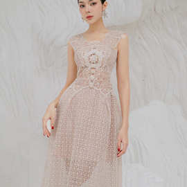 越南小众2024夏季新款水溶蕾丝连衣裙小礼服裙设计感伴娘裙1668