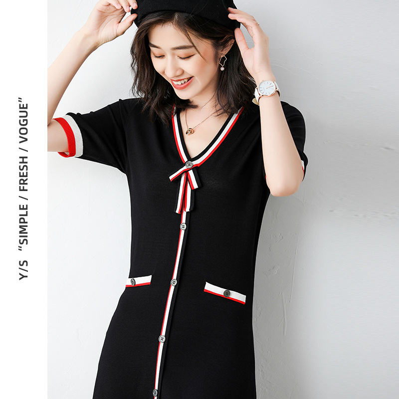 冰丝女装毛织厂加工 V领撞色边假袋连衣裙 来图来样小批量定制